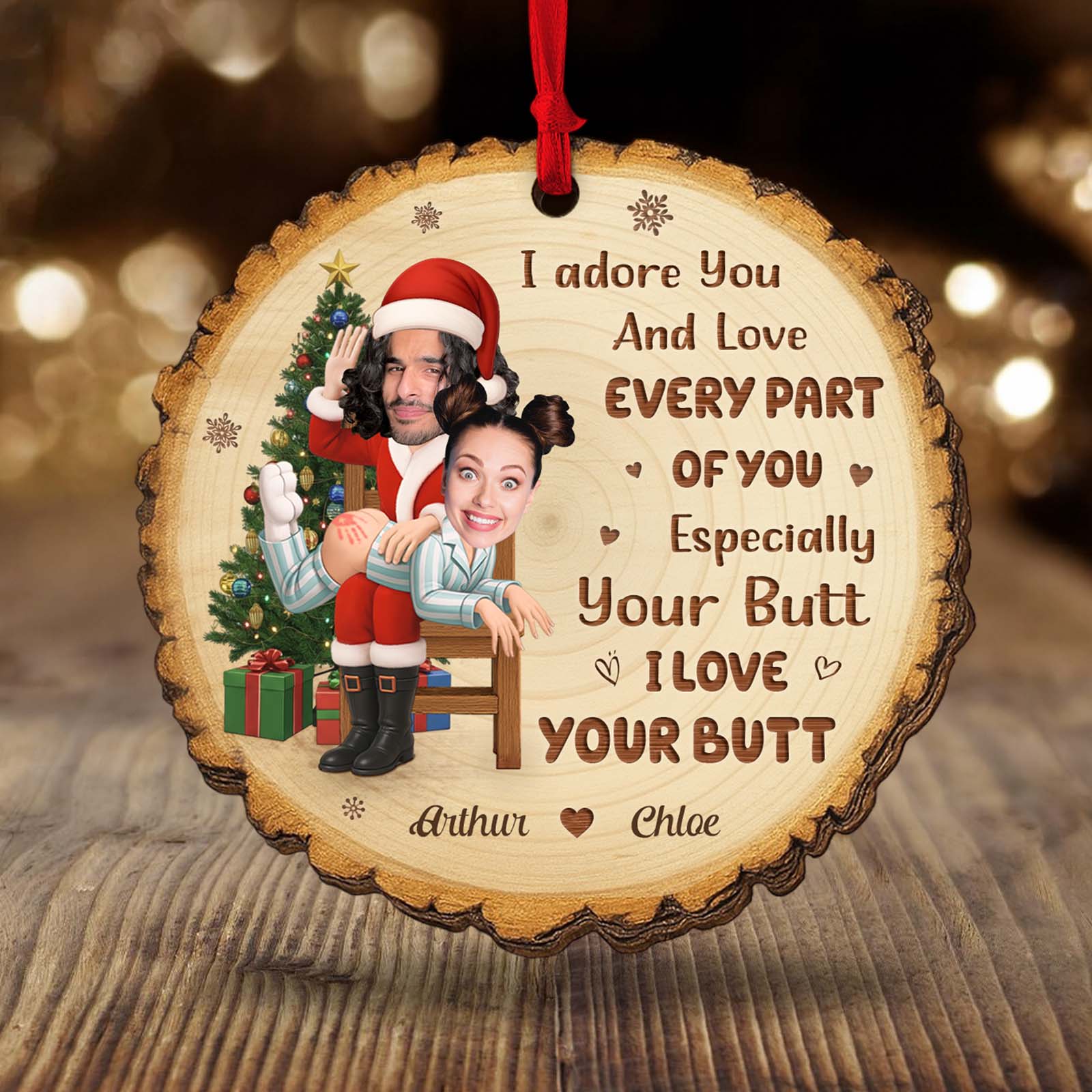 Personalized funny wooden Christmas ornament featuring custom caricatures and playful text for festive decor