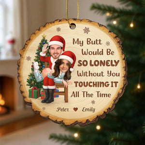 Personalized funny wooden Christmas ornament featuring festive design and custom couple's photo