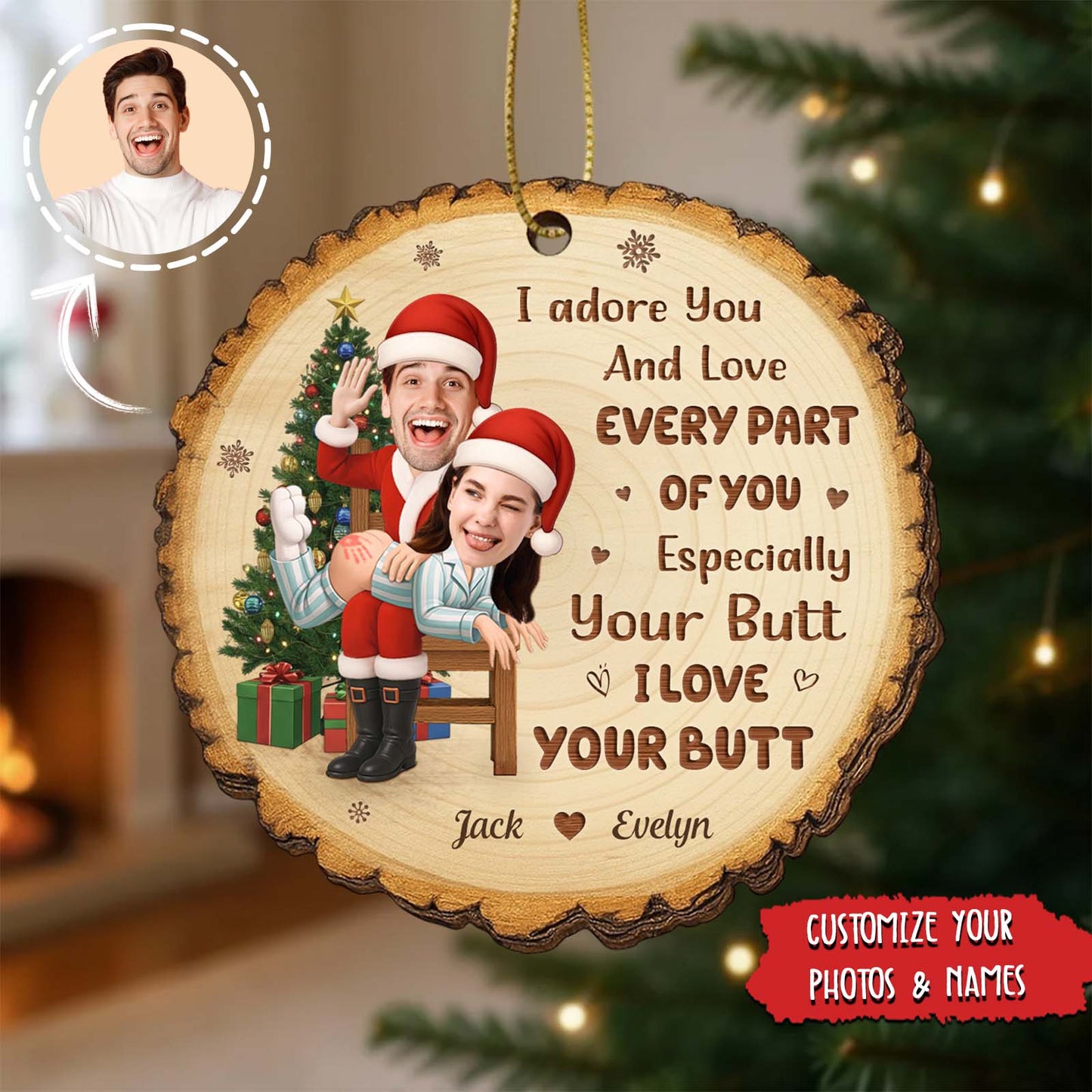 Personalized funny wooden Christmas ornament featuring a couple in festive attire with a humorous message