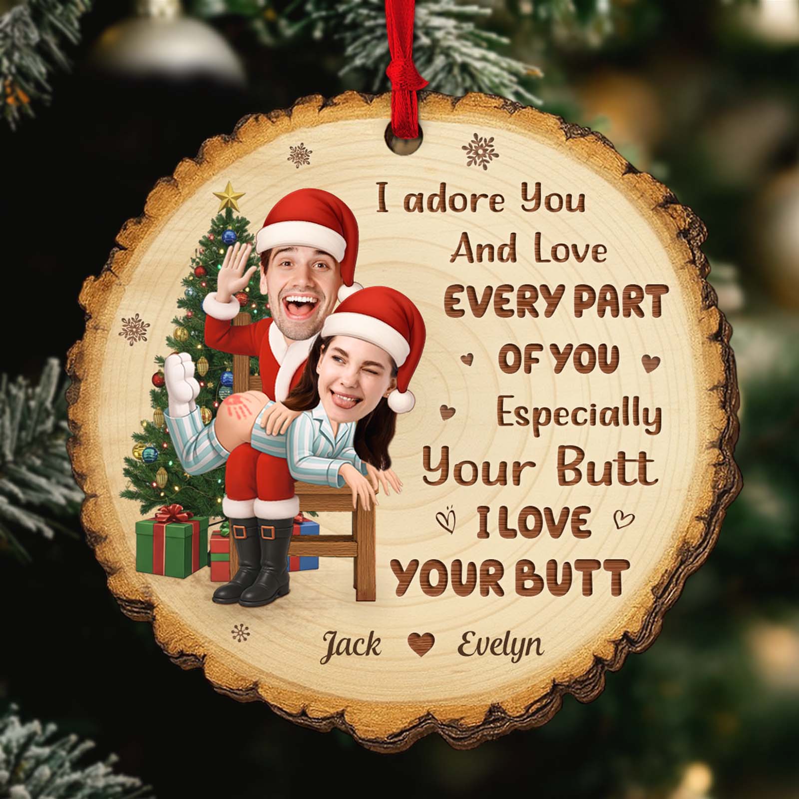 Personalized funny wooden Christmas ornament featuring festive characters and playful text