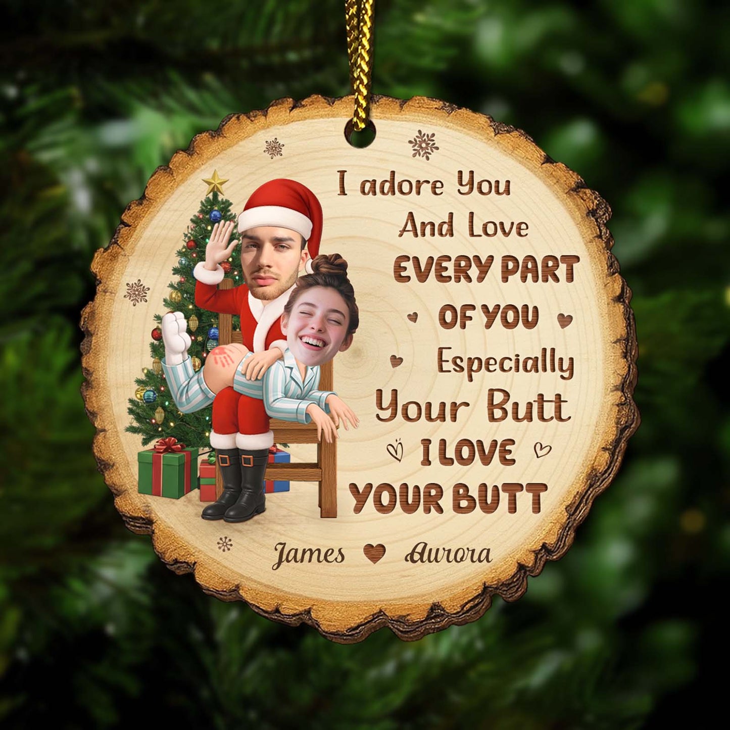 Personalized funny wooden Christmas ornament featuring a playful message and festive design