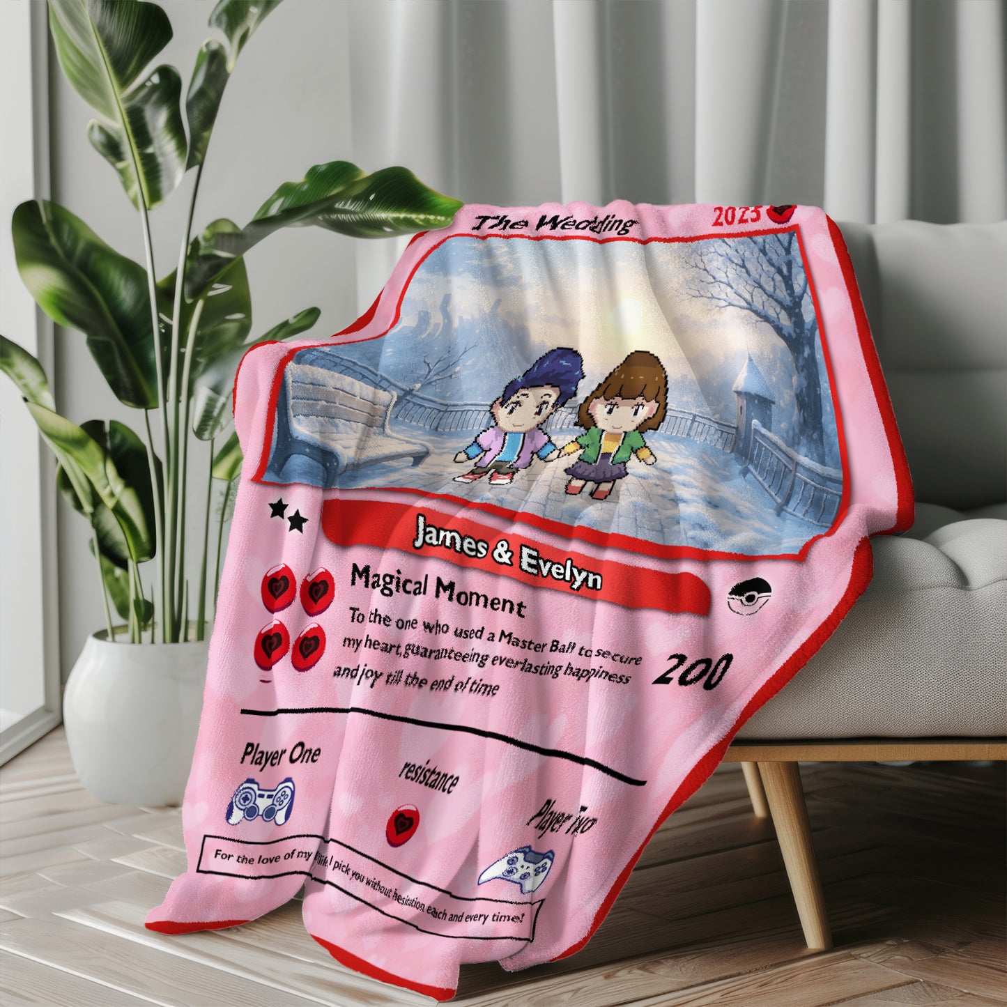 Personalized gamer couple blanket featuring a custom design for James and Evelyn with a romantic theme