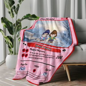 Personalized gamer couple blanket featuring a custom design for James and Evelyn with a romantic theme