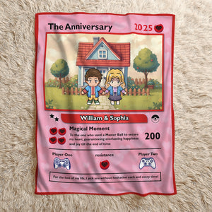 Personalized gamer couple blanket featuring an anniversary design with custom names and game elements