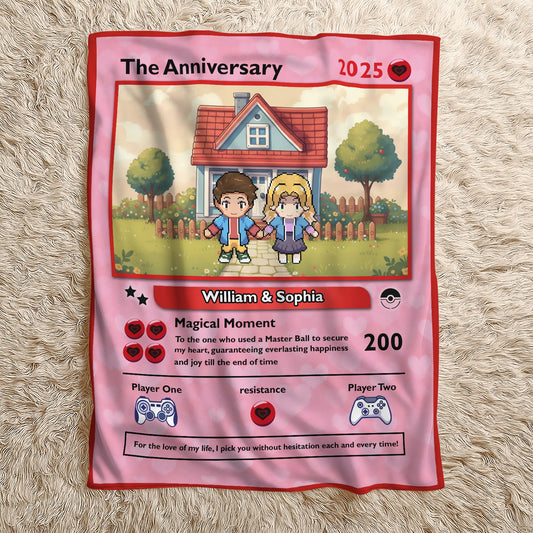 Personalized gamer couple blanket featuring an anniversary design with custom names and game elements