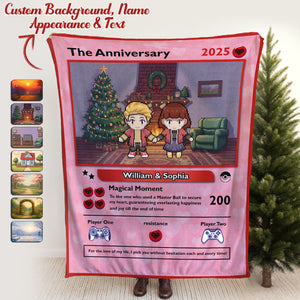 Personalized gamer couple blanket featuring custom names and game-themed design for anniversaries