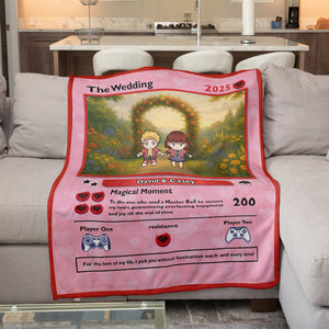Personalized gamer couple blanket featuring a custom illustration for David and Casey's wedding