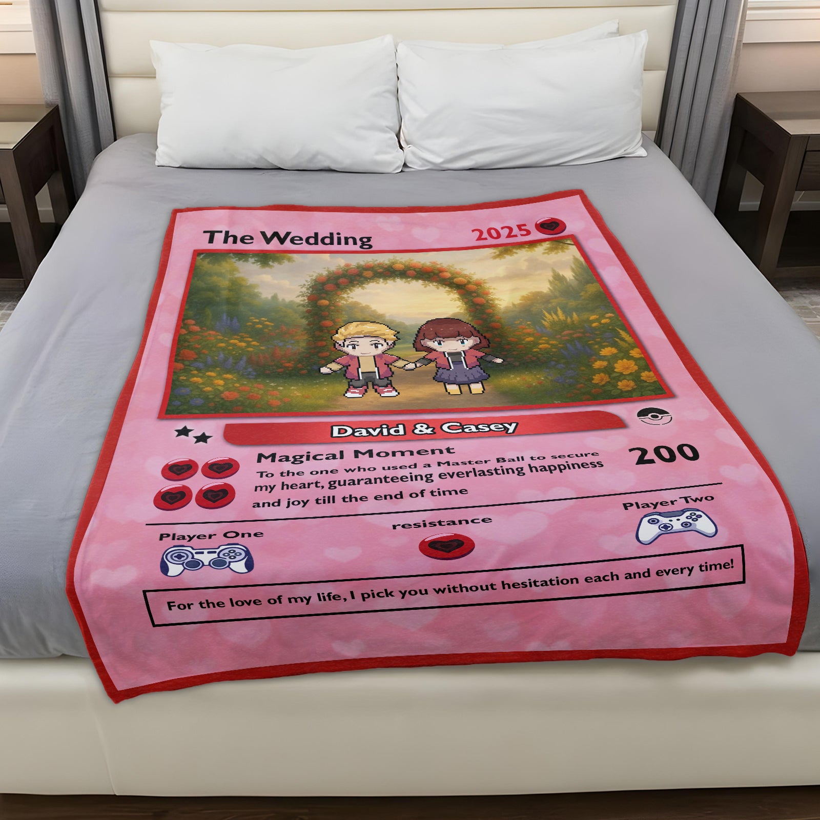 Personalized gamer couple blanket featuring wedding theme with custom names and game card design