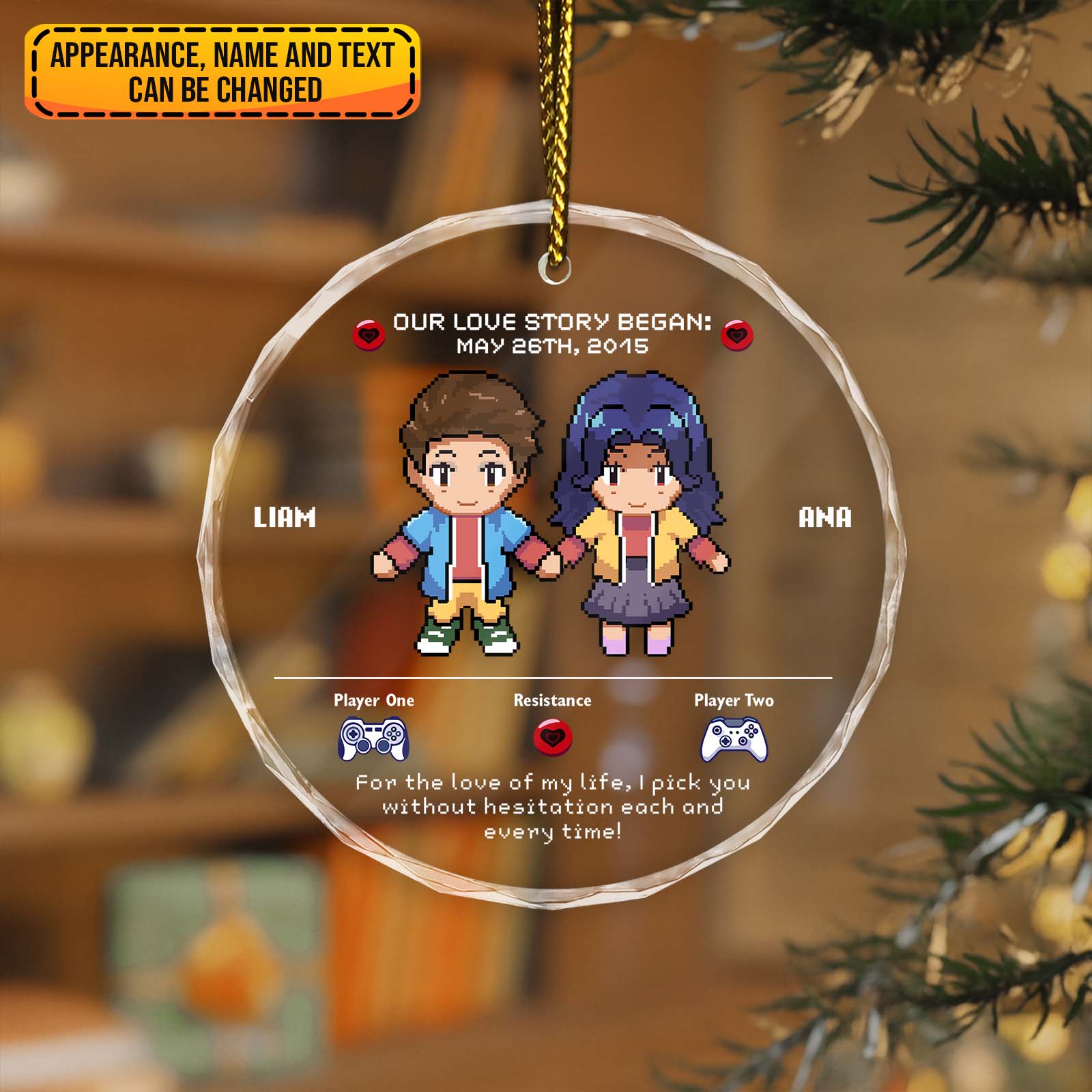 Personalized gamer couple ornament featuring dog photos and customizable name for heartfelt gifts