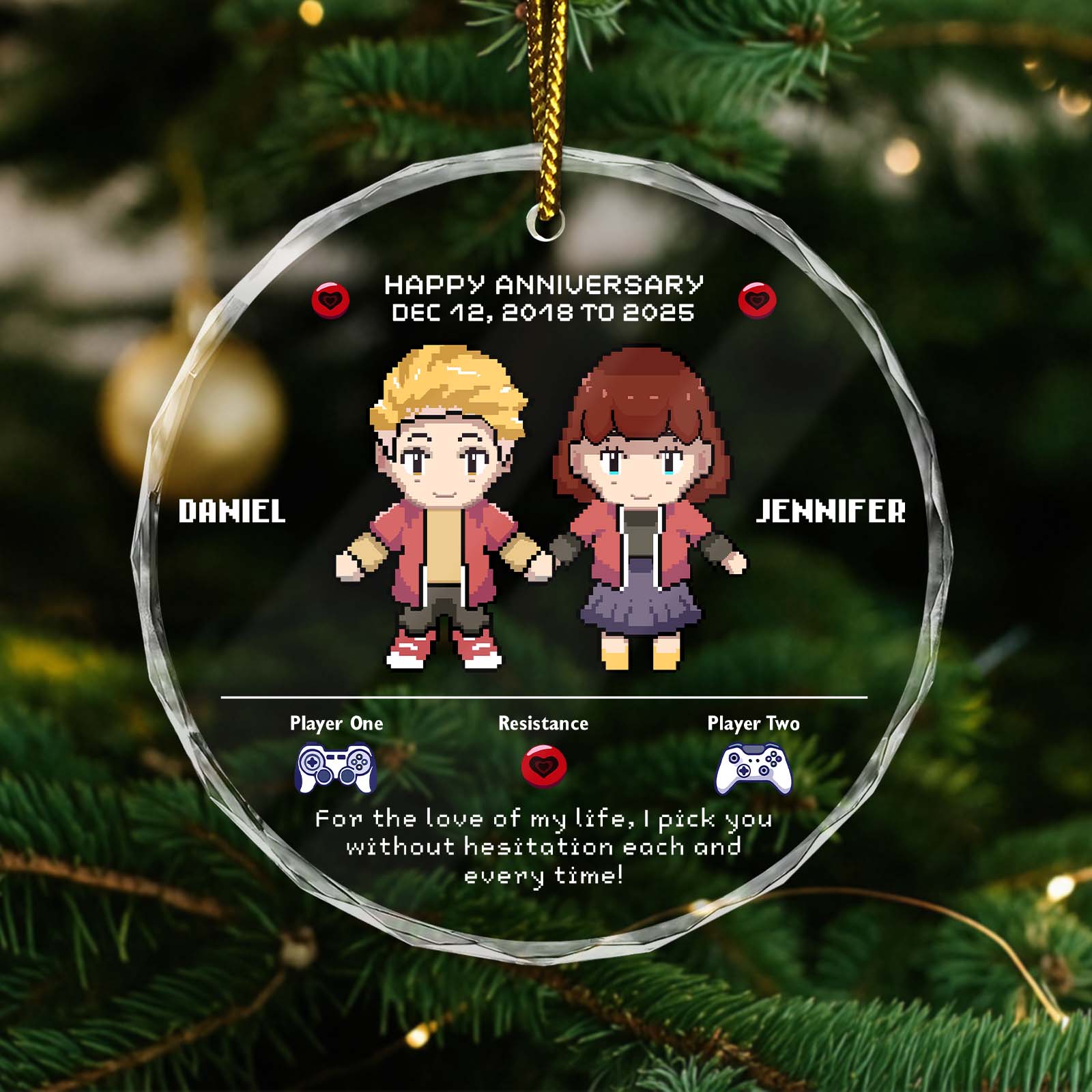 Personalized gamer couple ornament featuring pixel art characters for anniversary celebration