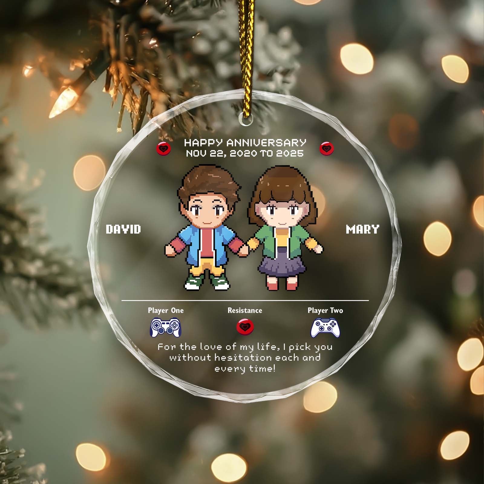 Personalized gamer couple ornament featuring pixel art characters and custom names for anniversaries
