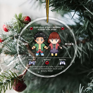 Personalized gamer couple ornament featuring pixel art characters Lucas and Jessica for unique holiday decor
