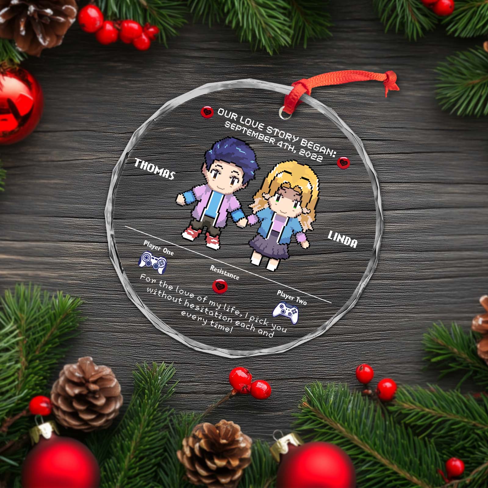 Personalized gamer couple ornament with wooden design and heartfelt message about the Rainbow Bridge
