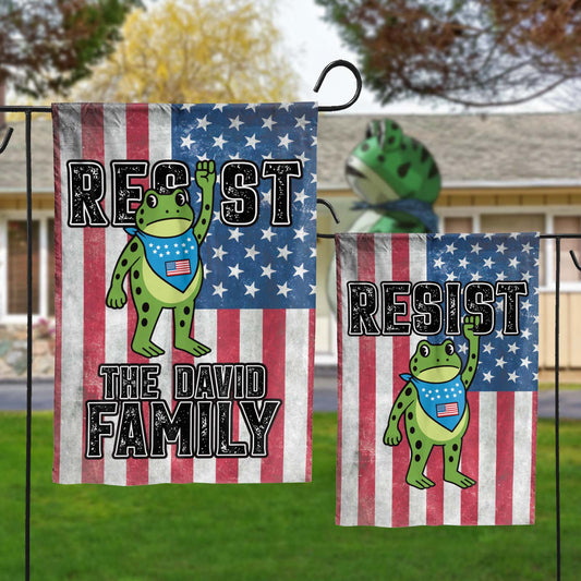 Personalized garden flag featuring a cartoon frog and the text Resist for the David Family