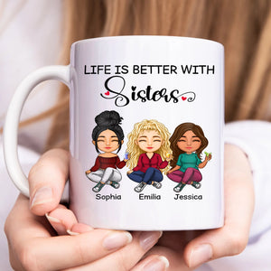 Personalized gift for sisters coffee mug featuring animated characters and uplifting quote