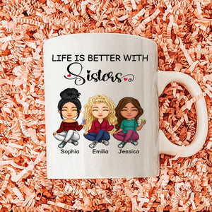 Personalized gift for sisters mug featuring three girls with names Sophia, Emilia, and Jessica