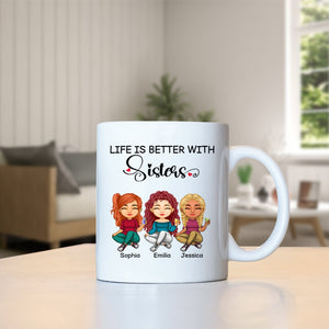Personalized gift for sisters coffee mug featuring cartoon characters and names Sophia, Emilia, and Jessica