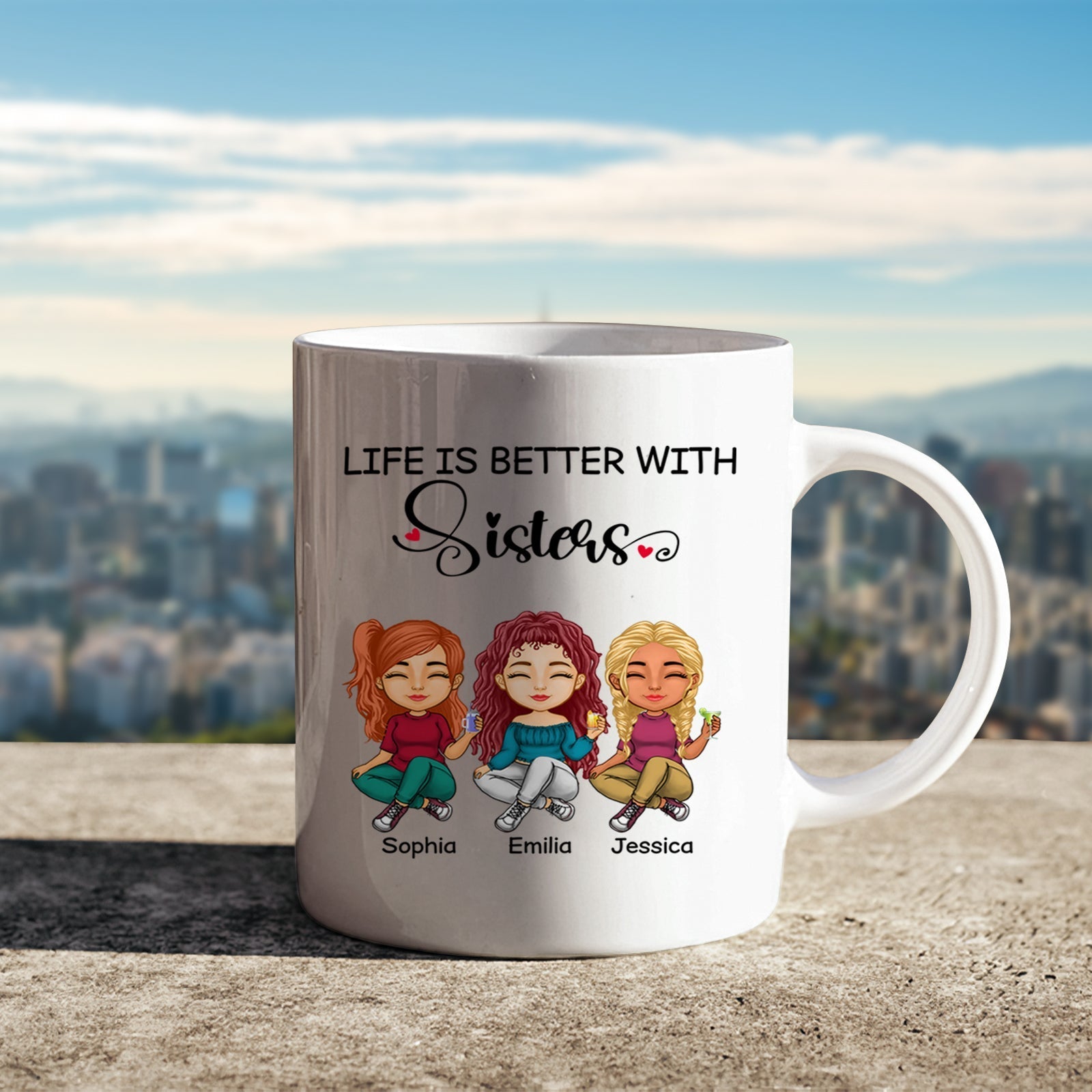 Personalized gift for sisters coffee mug featuring three cartoon sisters with the text Life is Better with Sisters