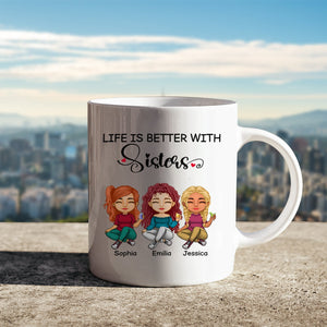 Personalized gift for sisters coffee mug featuring three cartoon sisters with the text Life is Better with Sisters