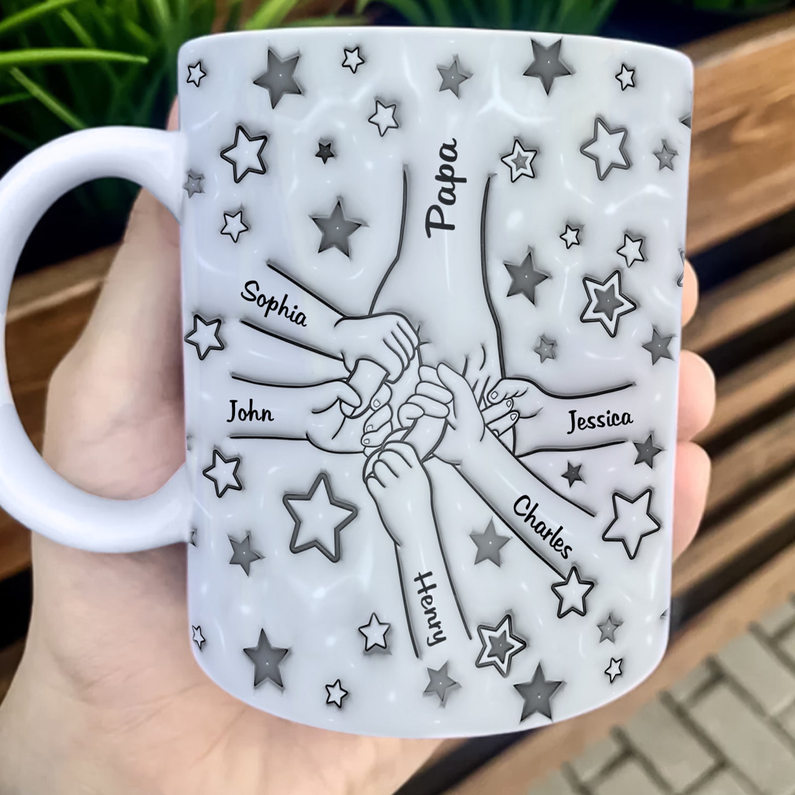 Personalized gifts for dads coffee mug featuring hands of family members with names and star design