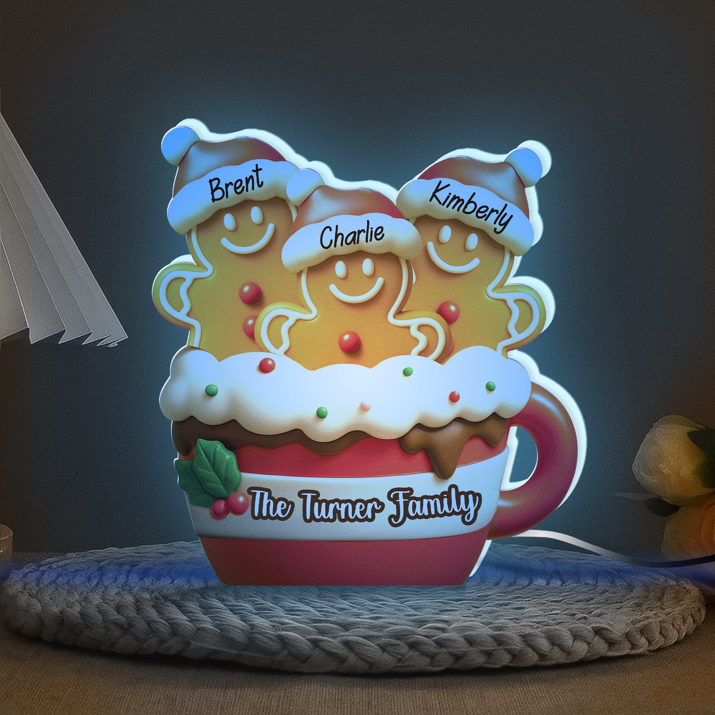 Personalized gingerbread Christmas light box featuring three smiling gingerbread figures and a festive mug