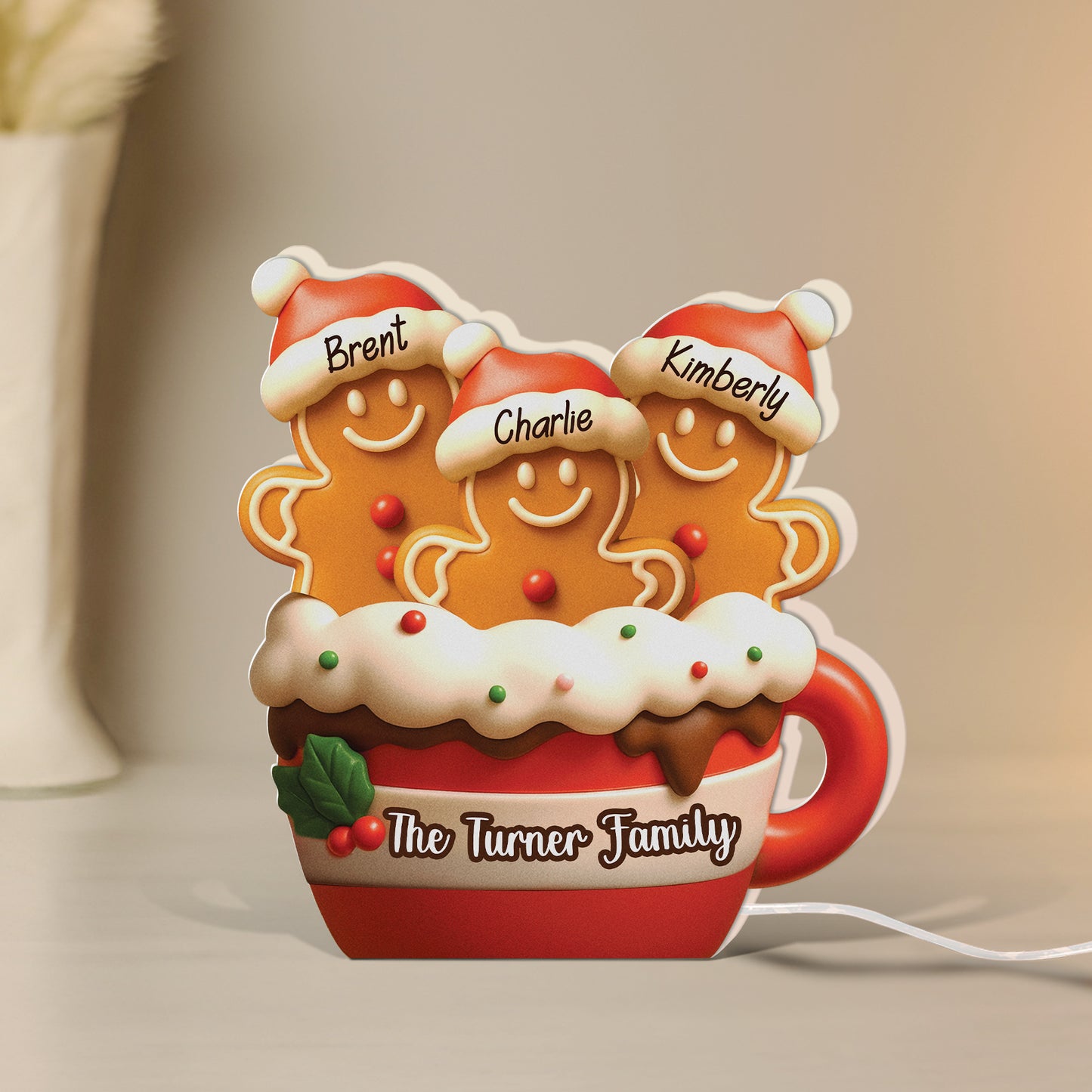 Personalized gingerbread Christmas light box featuring three gingerbread characters with names