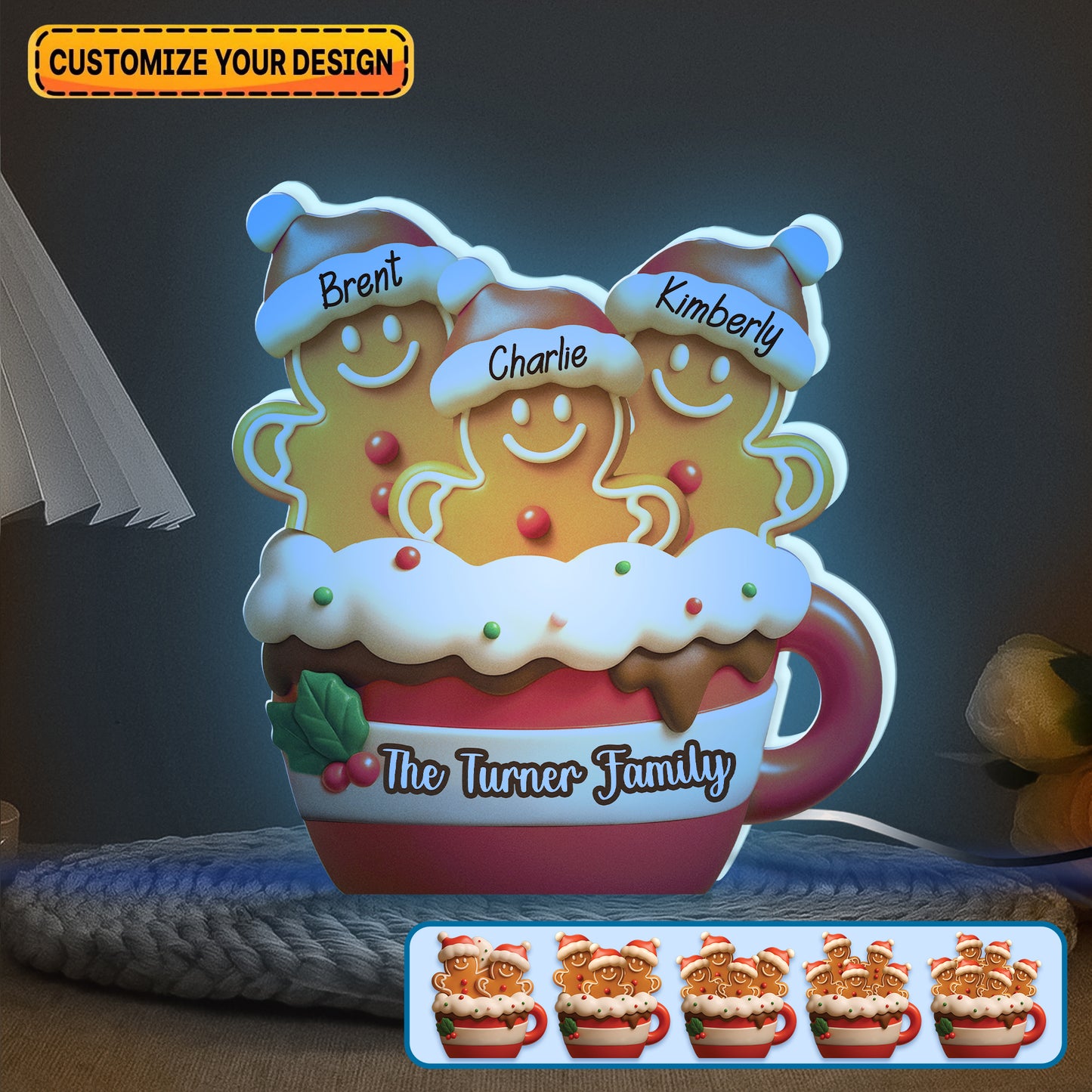 Personalized gingerbread Christmas light box featuring custom names on gingerbread figures for festive decor