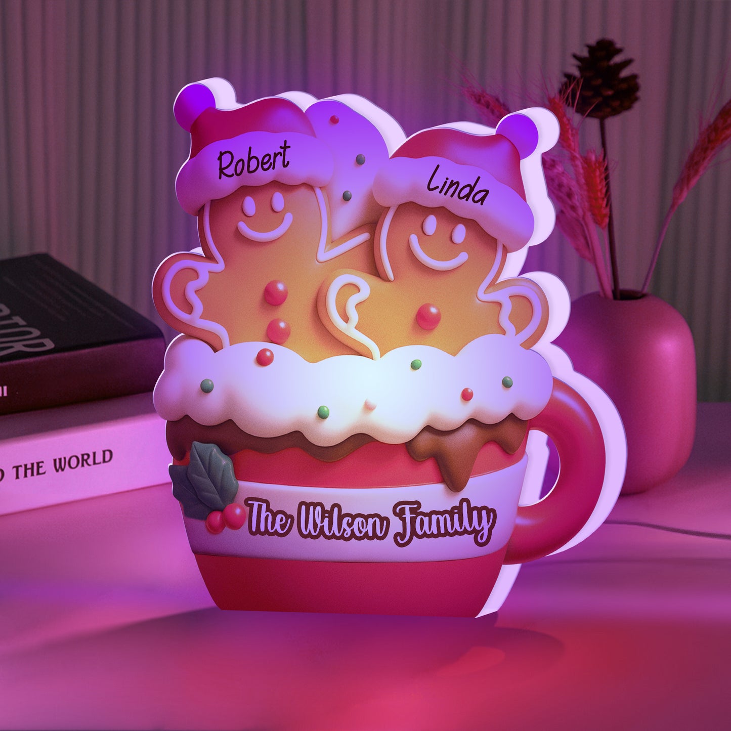 Personalized gingerbread Christmas light box featuring happy gingerbread couple and festive decorations