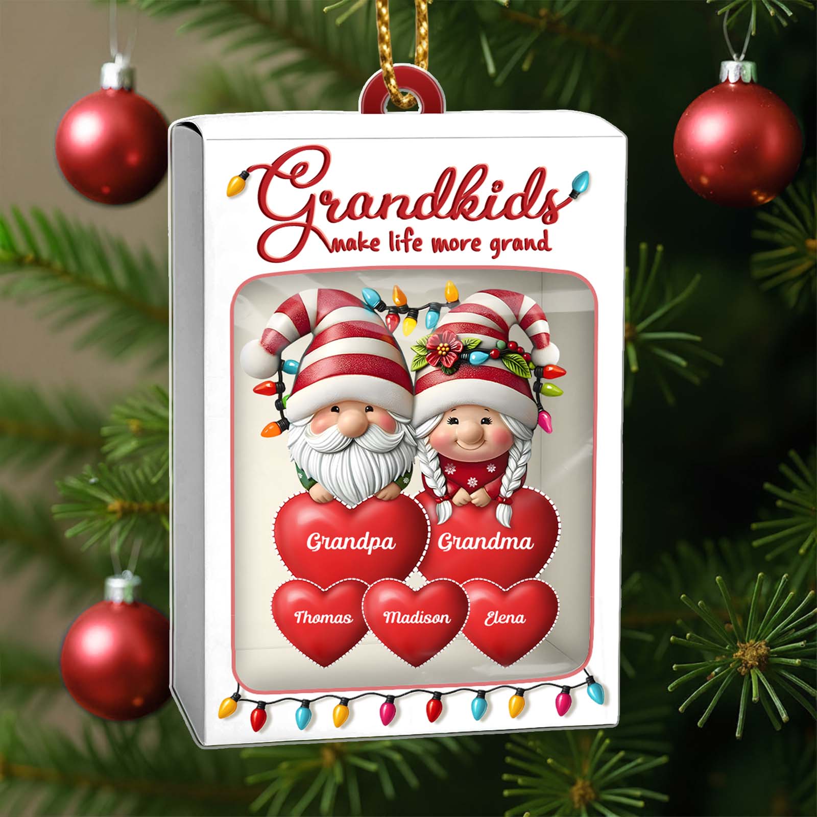 Personalized grandkids toy box ornament with cheerful grandpa and grandma design for festive celebrations