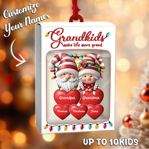 Personalized grandkids toy box ornament featuring festive grandparents with customizable names for up to 10 kids