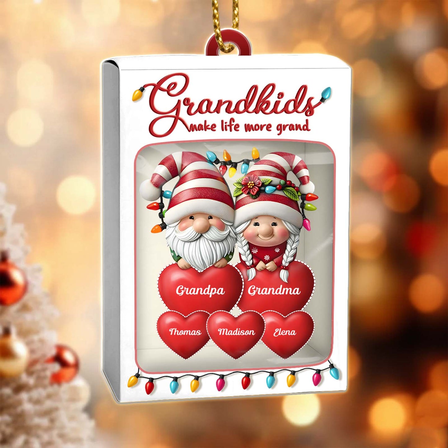 Personalized grandkids toy box ornament featuring Santa and Mrs. Claus with grandchildren names