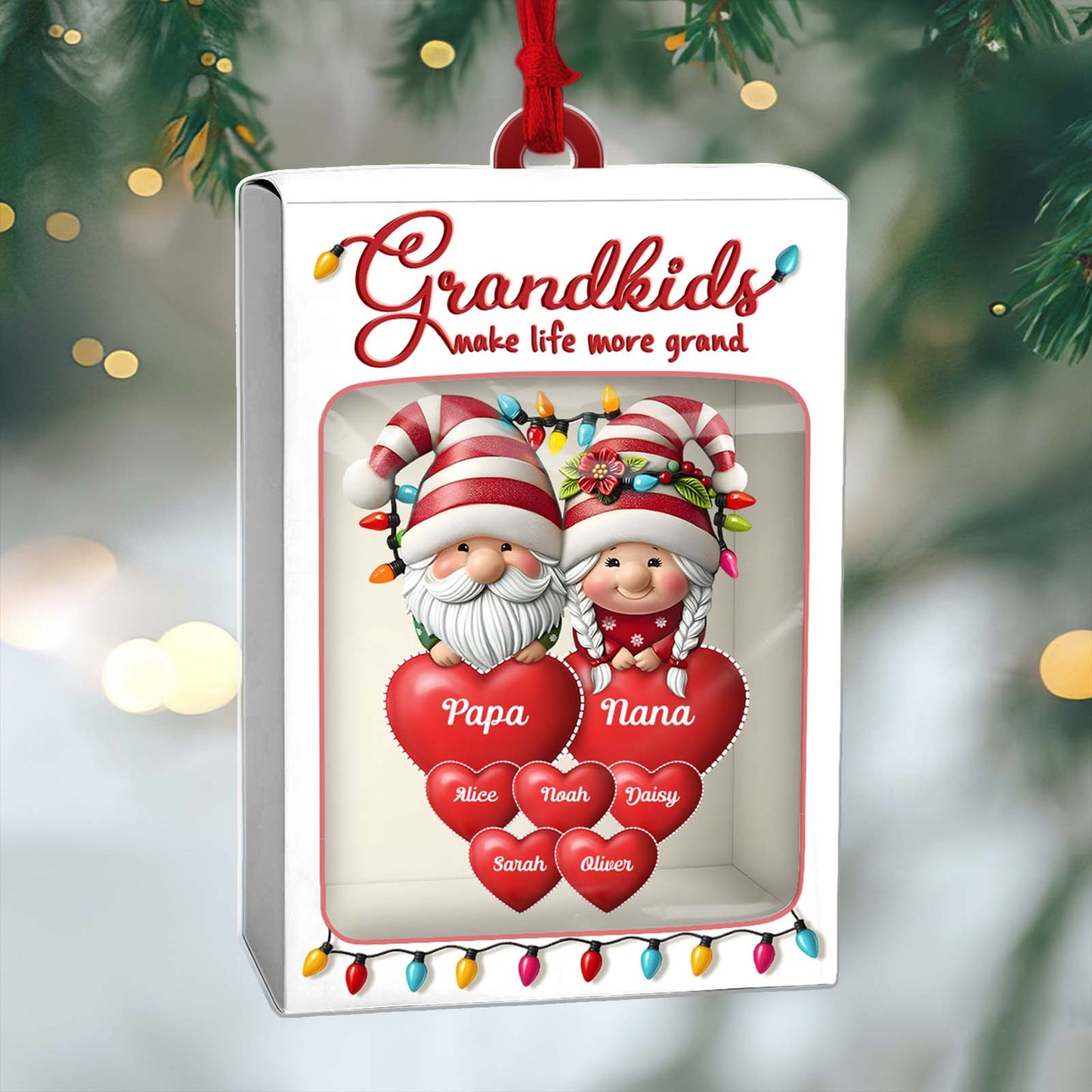 Personalized grandkids toy box ornament featuring Papa and Nana with names on heart tags