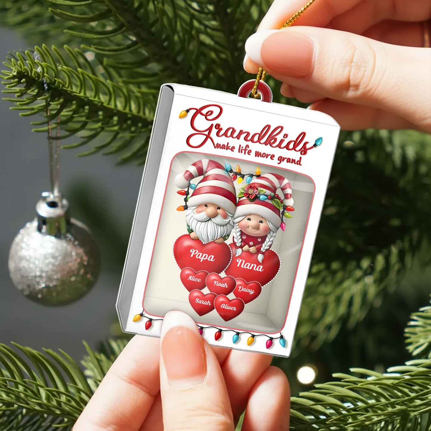 Personalized grandkids toy box ornament featuring Papa and Nana with festive holiday design