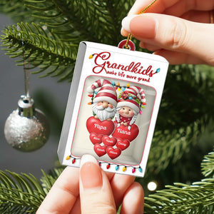 Personalized grandkids toy box ornament featuring Papa and Nana with festive holiday design
