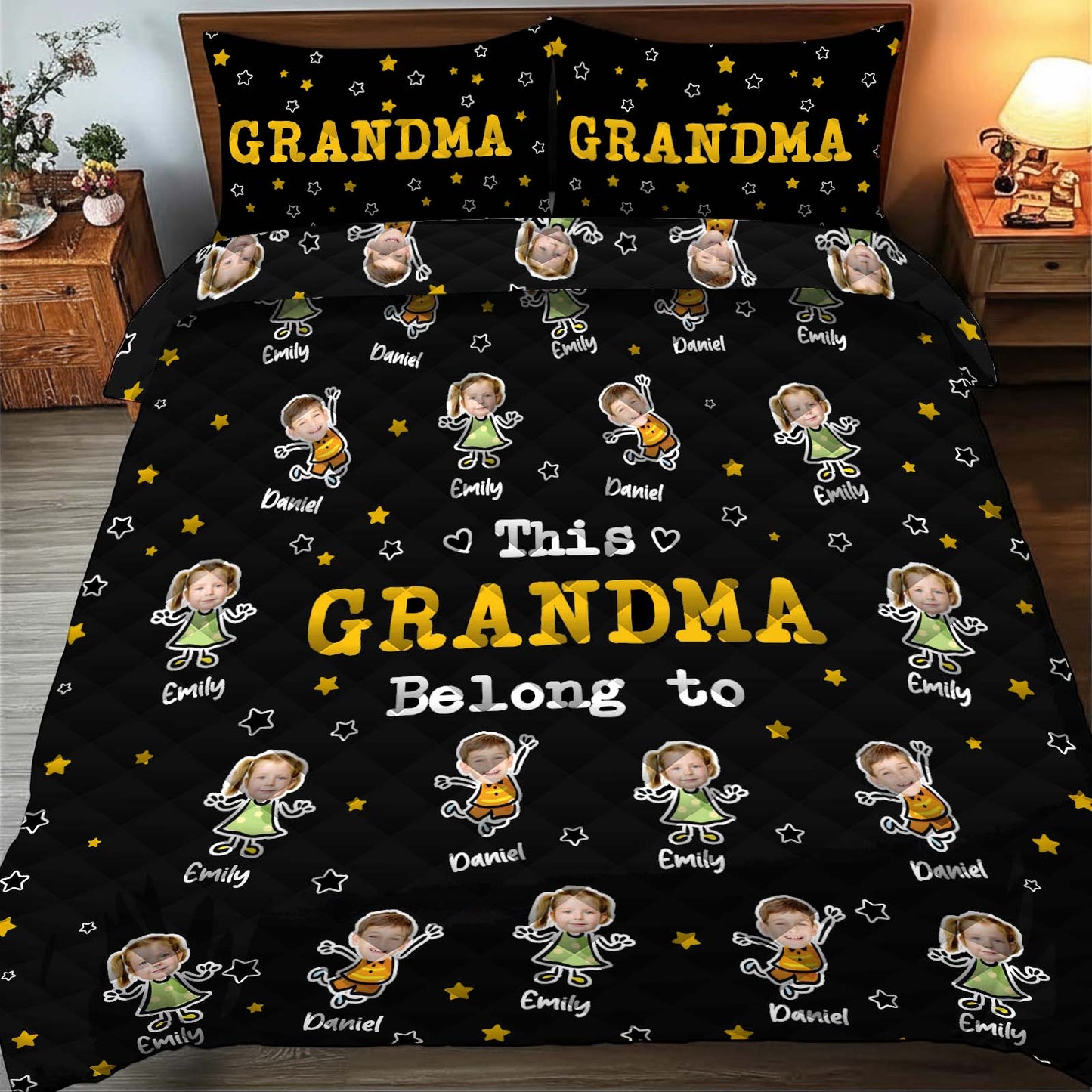 Personalized grandma and grandpa quilt featuring colorful graphics and family names for a cozy touch