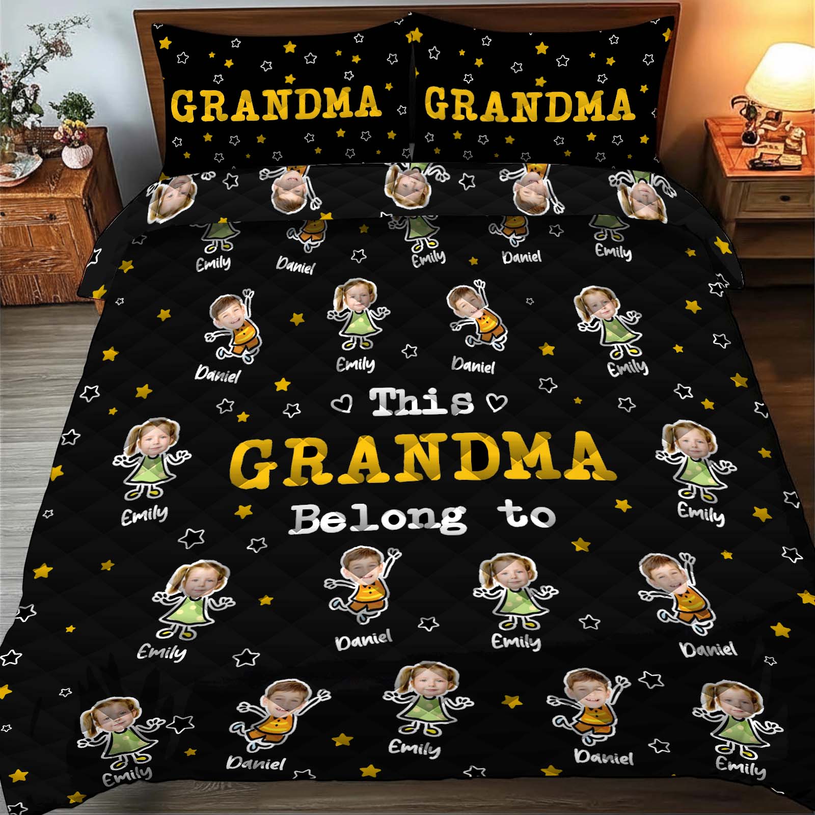 Personalized grandma and grandpa quilt featuring colorful graphics and family names for a cozy touch