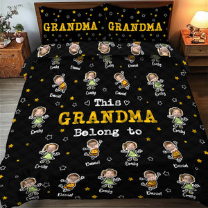 Personalized grandma and grandpa quilt featuring colorful graphics and family names for a cozy touch