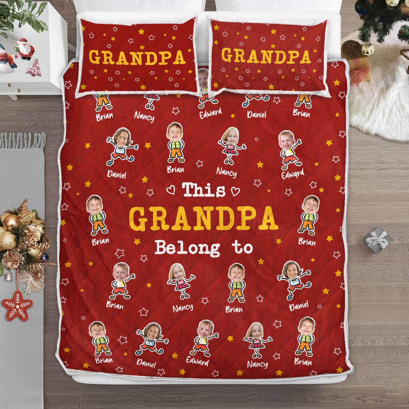 Personalized grandma and grandpa quilt featuring names and playful designs on a red background
