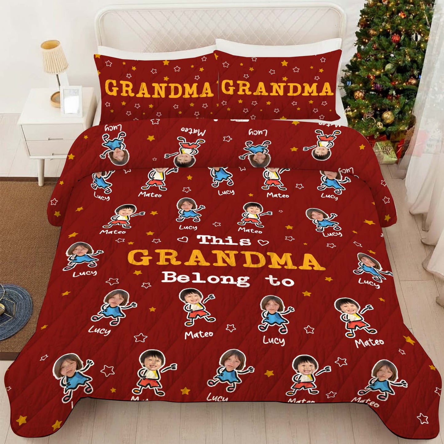 Personalized grandma and grandpa quilt with colorful characters and names on a cozy red background