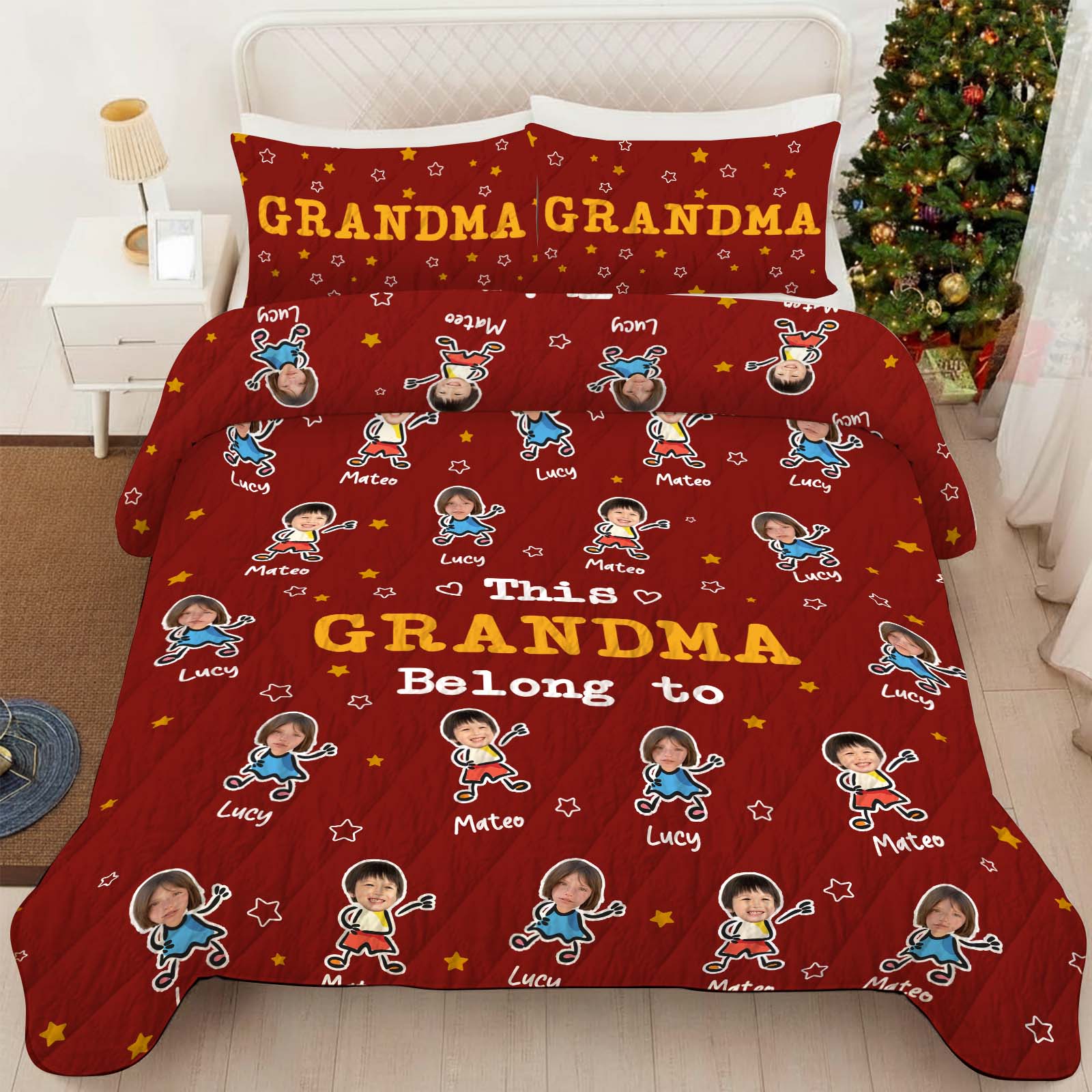 Personalized grandma and grandpa quilt with colorful characters and names on a cozy red background
