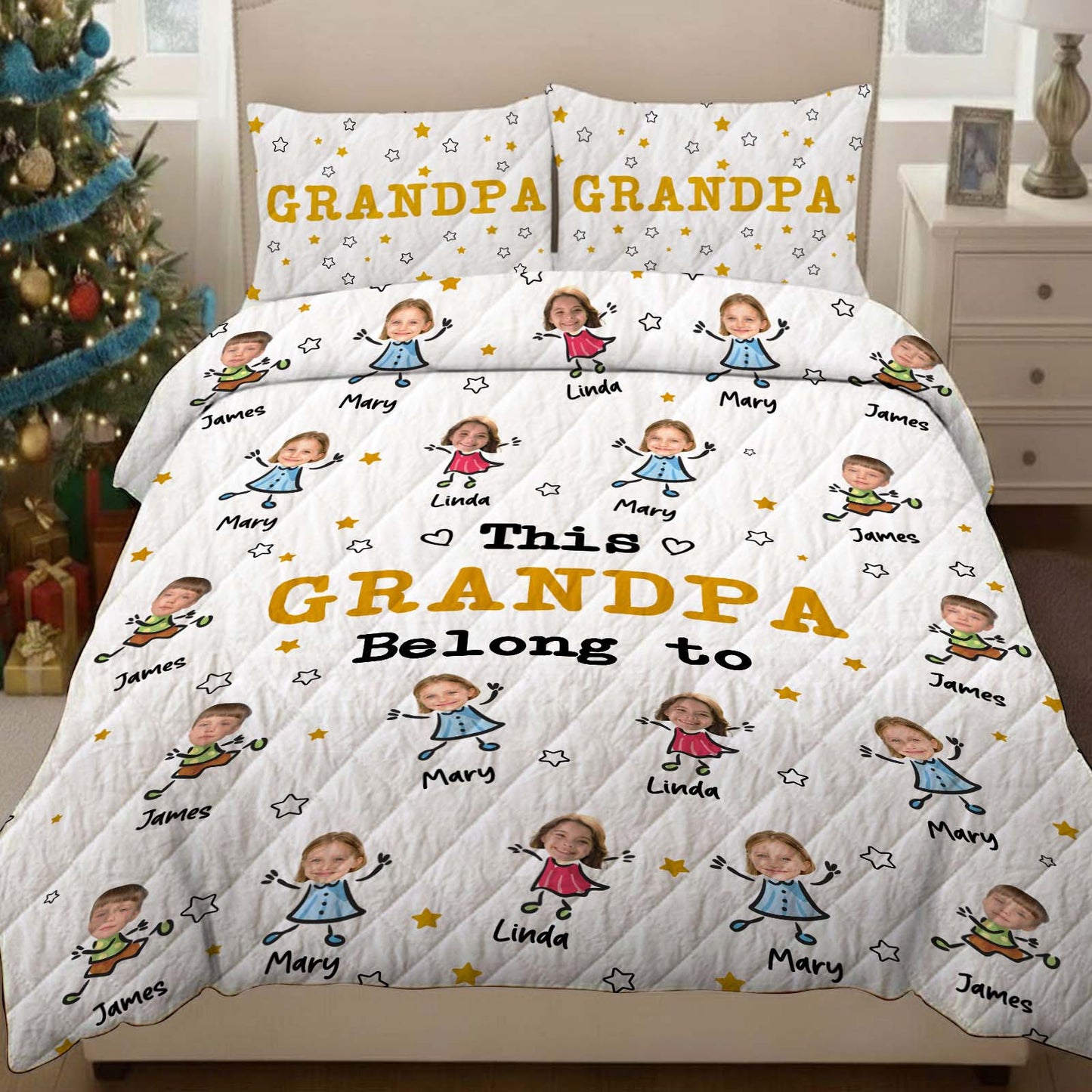 Personalized grandma and grandpa quilt featuring family photos and names on a cozy design