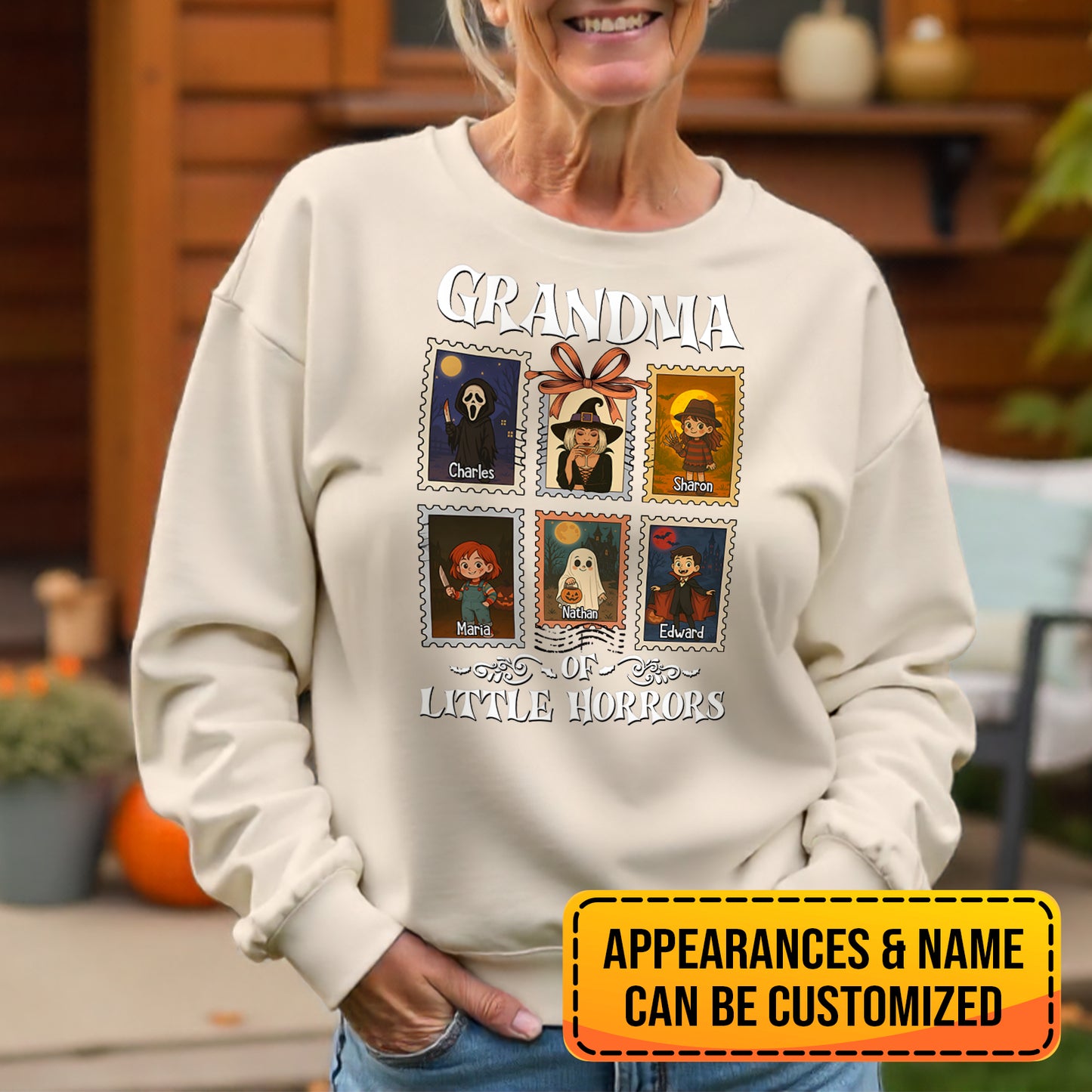 Personalized grandma halloween shirt with customizable cartoon faces and names on cream sweatshirt