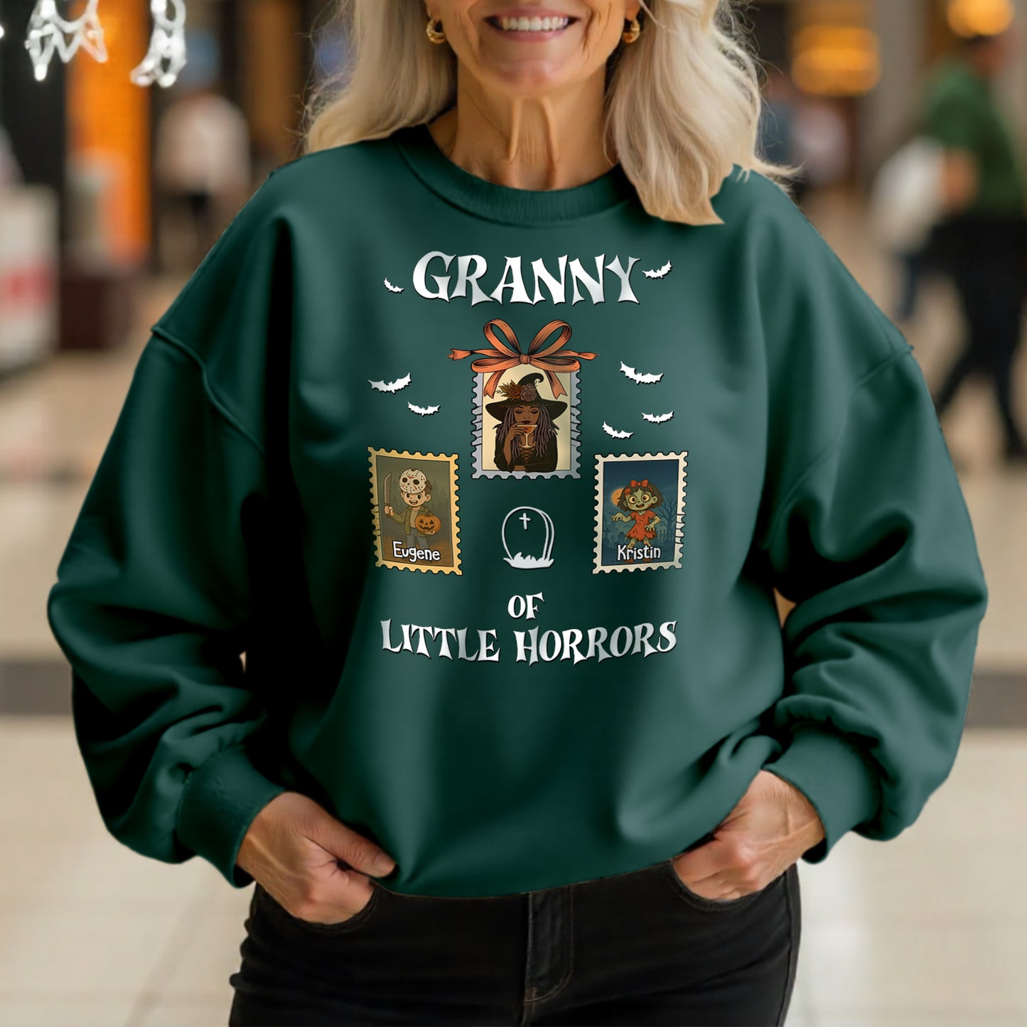Personalized grandma halloween shirt green sweatshirt with Granny of Little Horrors design