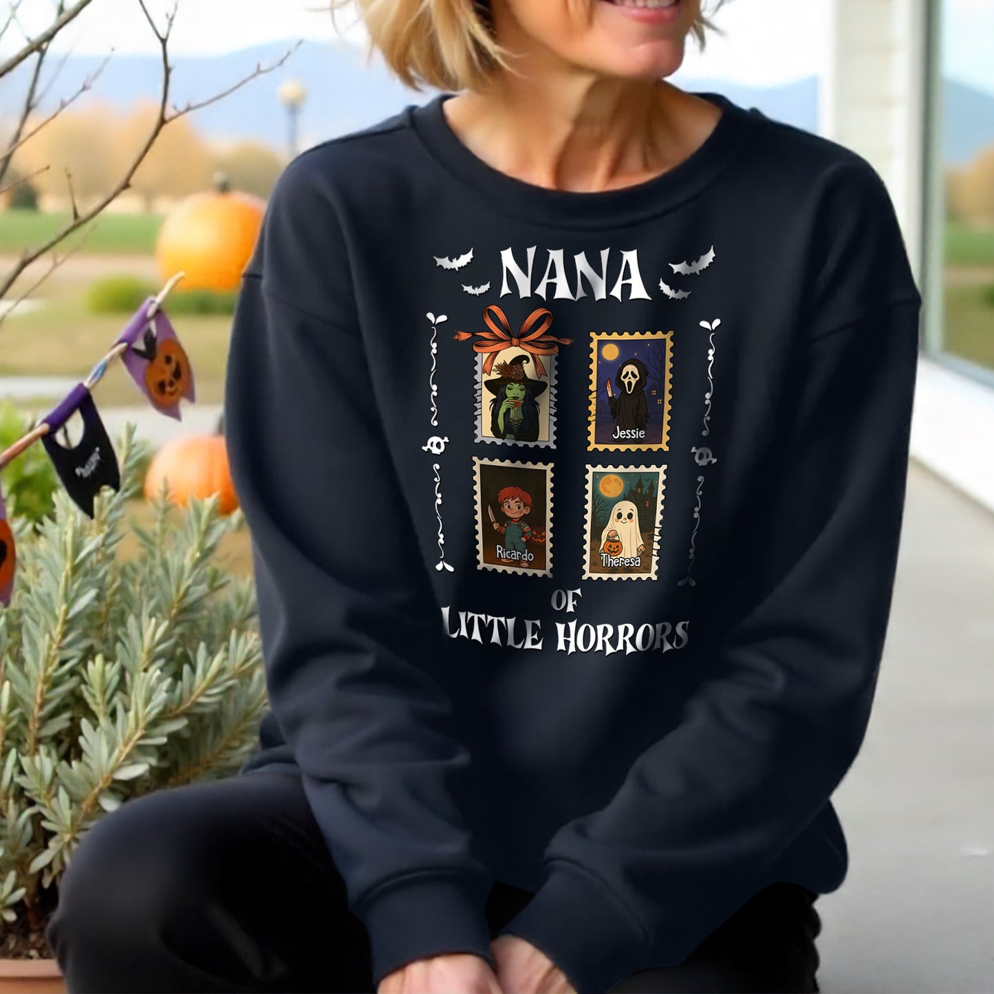 Personalized grandma halloween shirt black sweatshirt with Nana of little horrors spooky design