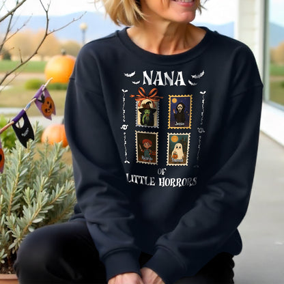 Personalized grandma halloween shirt black sweatshirt with Nana of little horrors spooky design