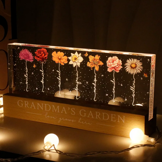 Personalized grandma LED night light with colorful flower designs and custom engraving for a heartfelt gift