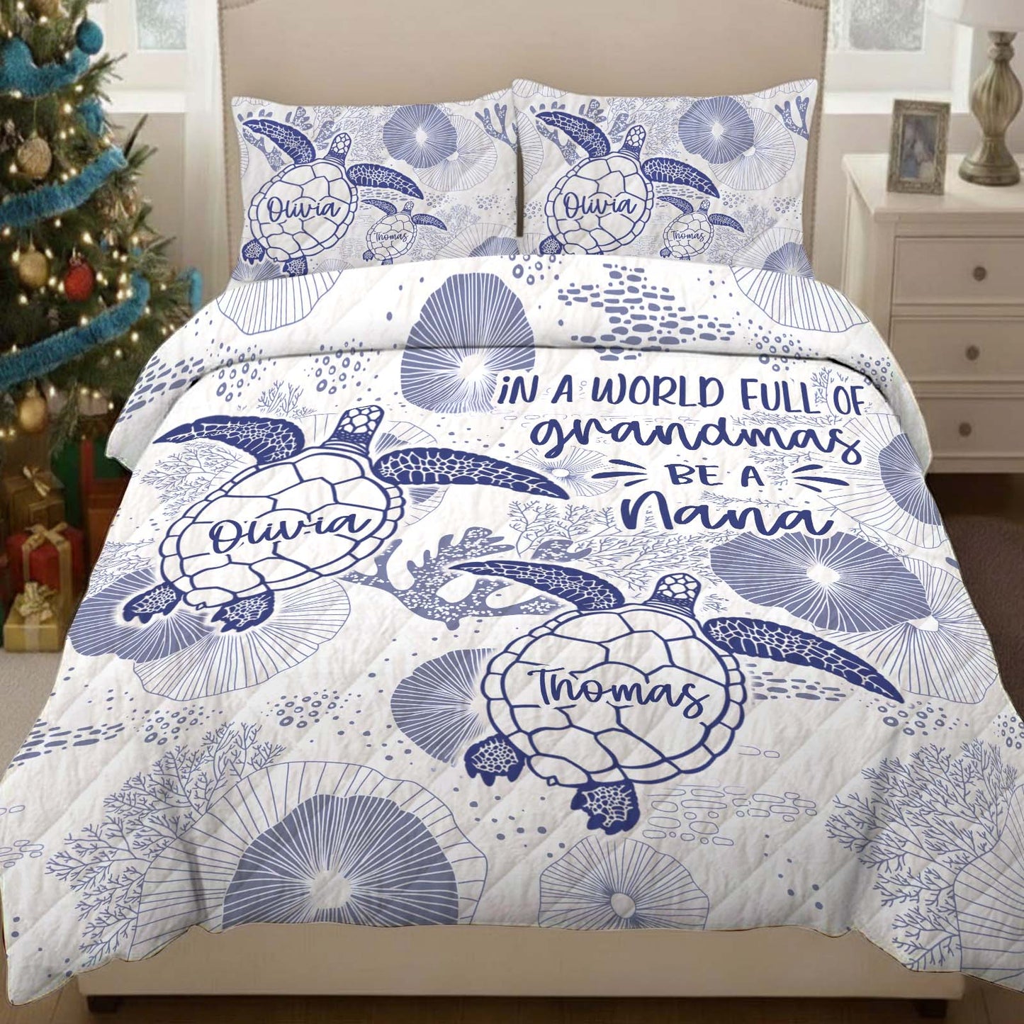 Personalized grandma quilt bedding set featuring turtles and heartfelt message for a cozy bedroom