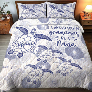 Personalized grandma quilt bedding set featuring turtles and names, perfect for a cozy bedroom