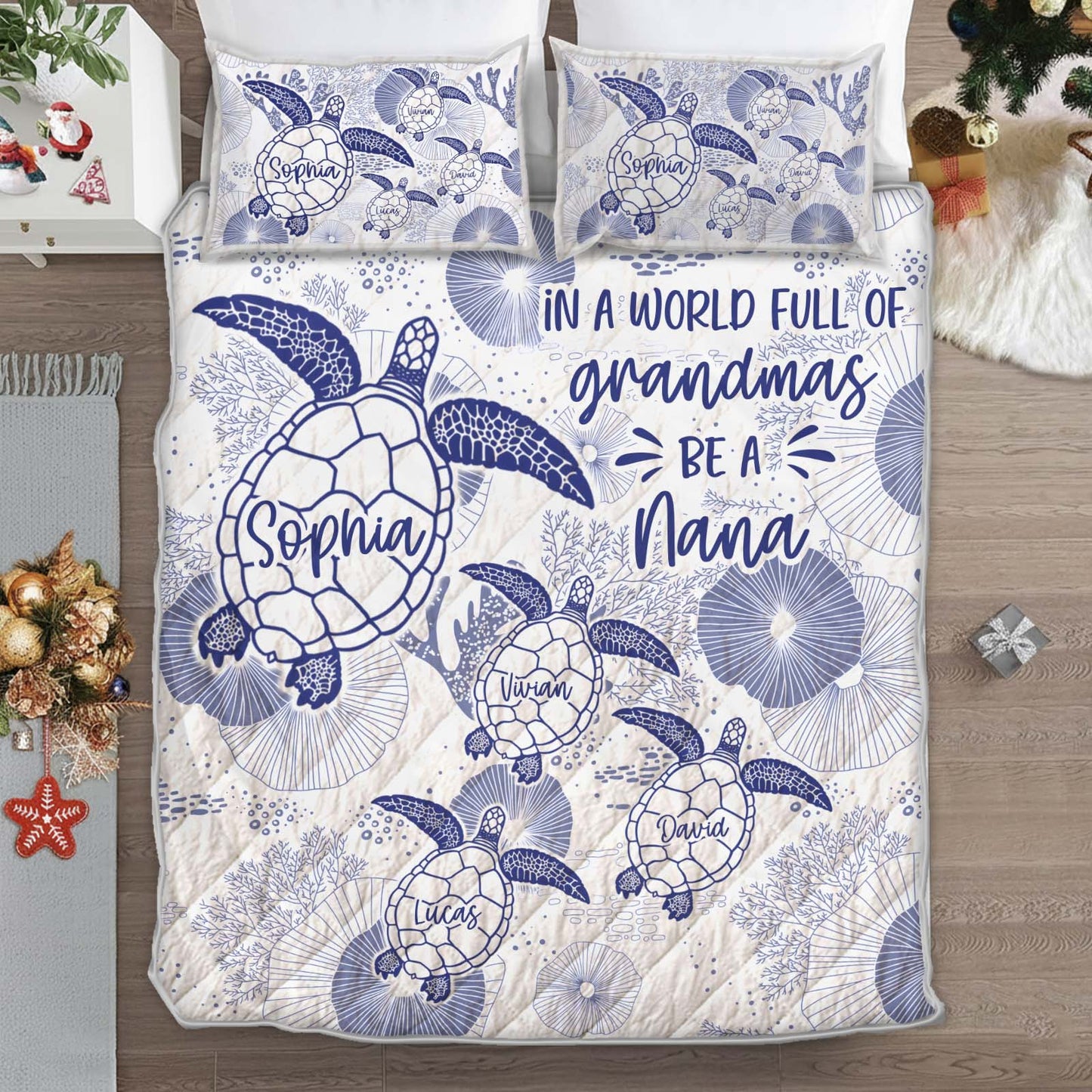 Personalized grandma quilt bedding set featuring turtles and custom names in blue and white design
