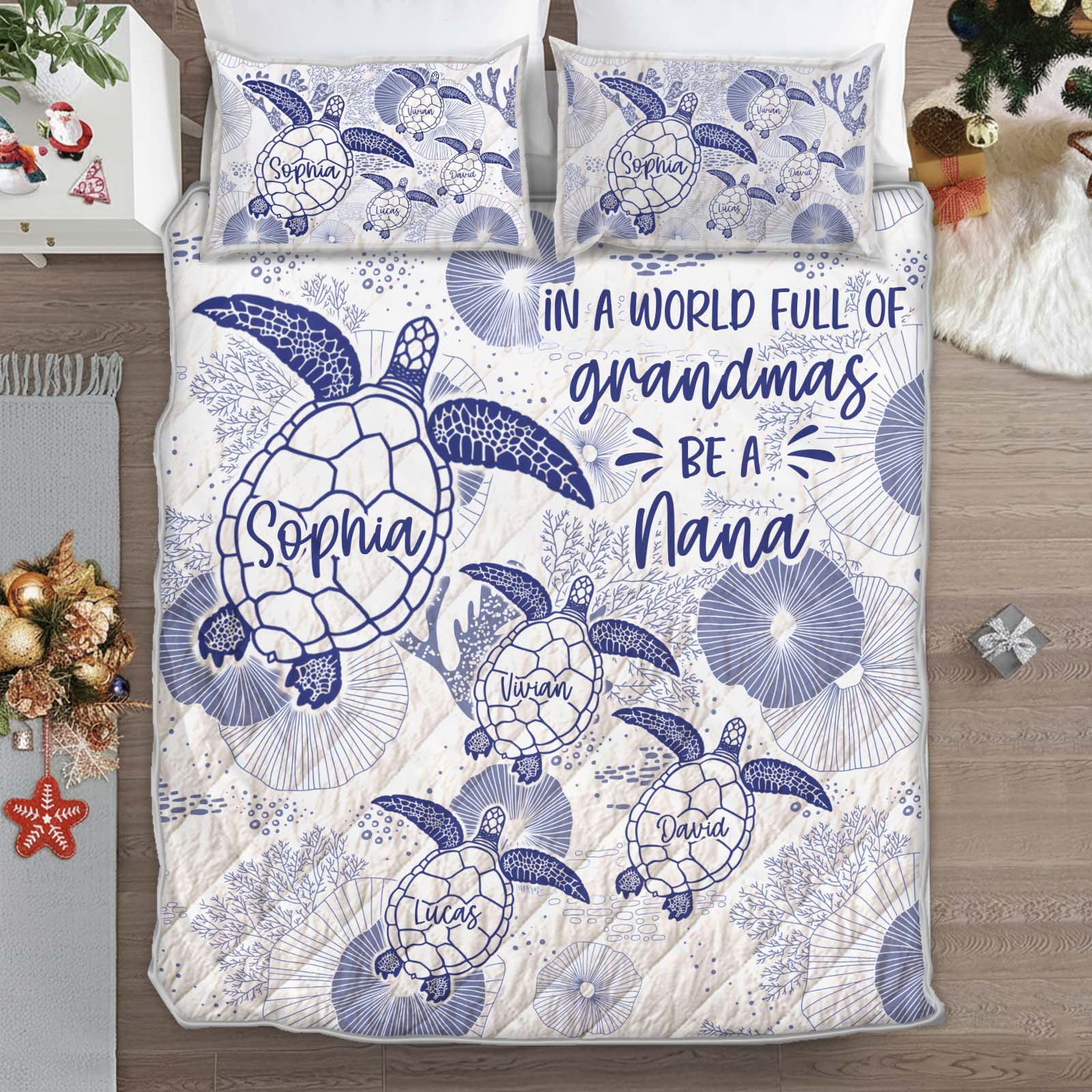 Personalized grandma quilt bedding set featuring turtles and custom names in blue and white design